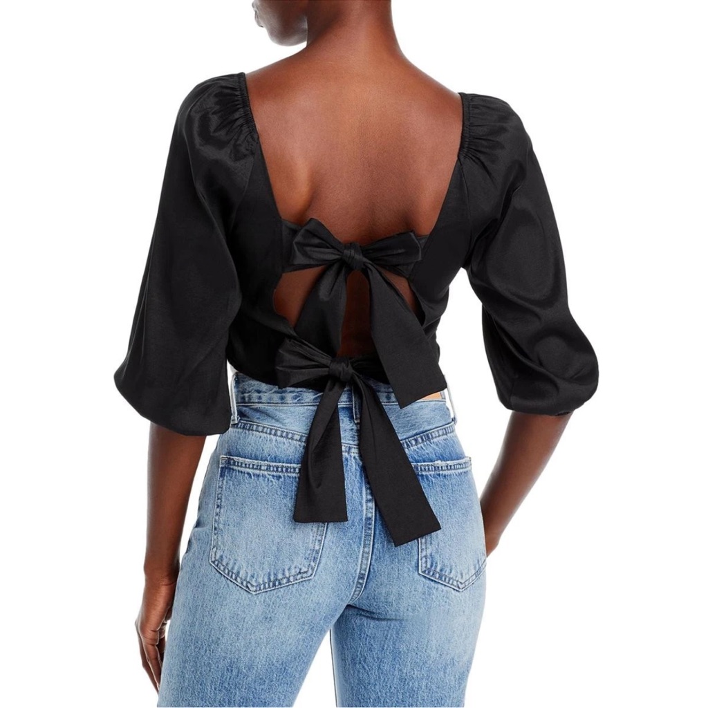 Hosbjerg Womens Elora Black V-Neck Buckle Tie Back Crop Top Blouse Nwt Xs — image 2 of 8
